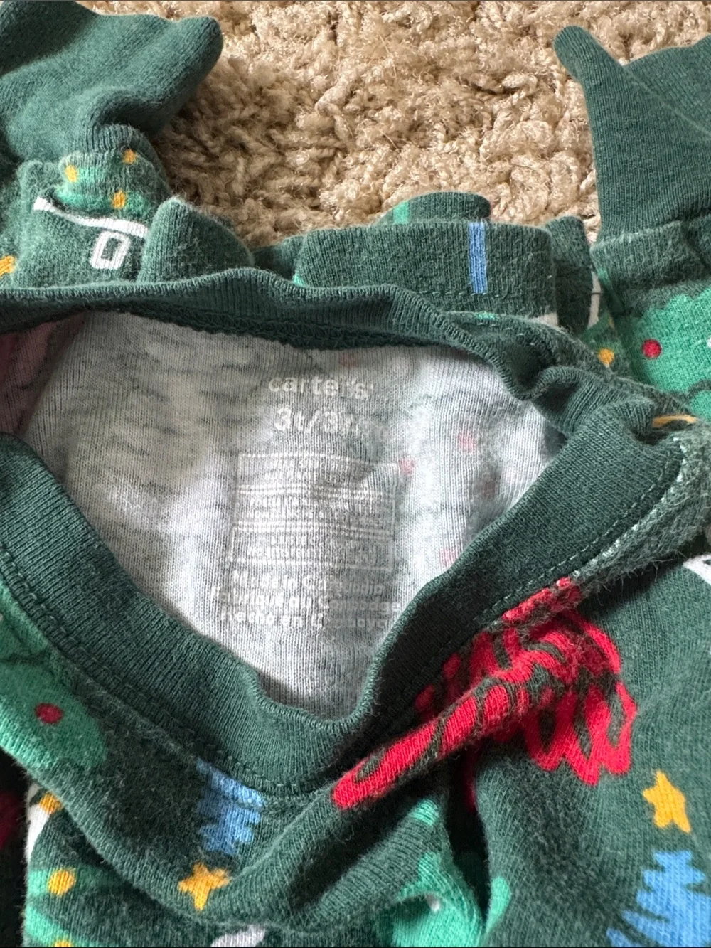 Carter's Dark Green Holiday Tree Pajama Set with Red & Blue Accents